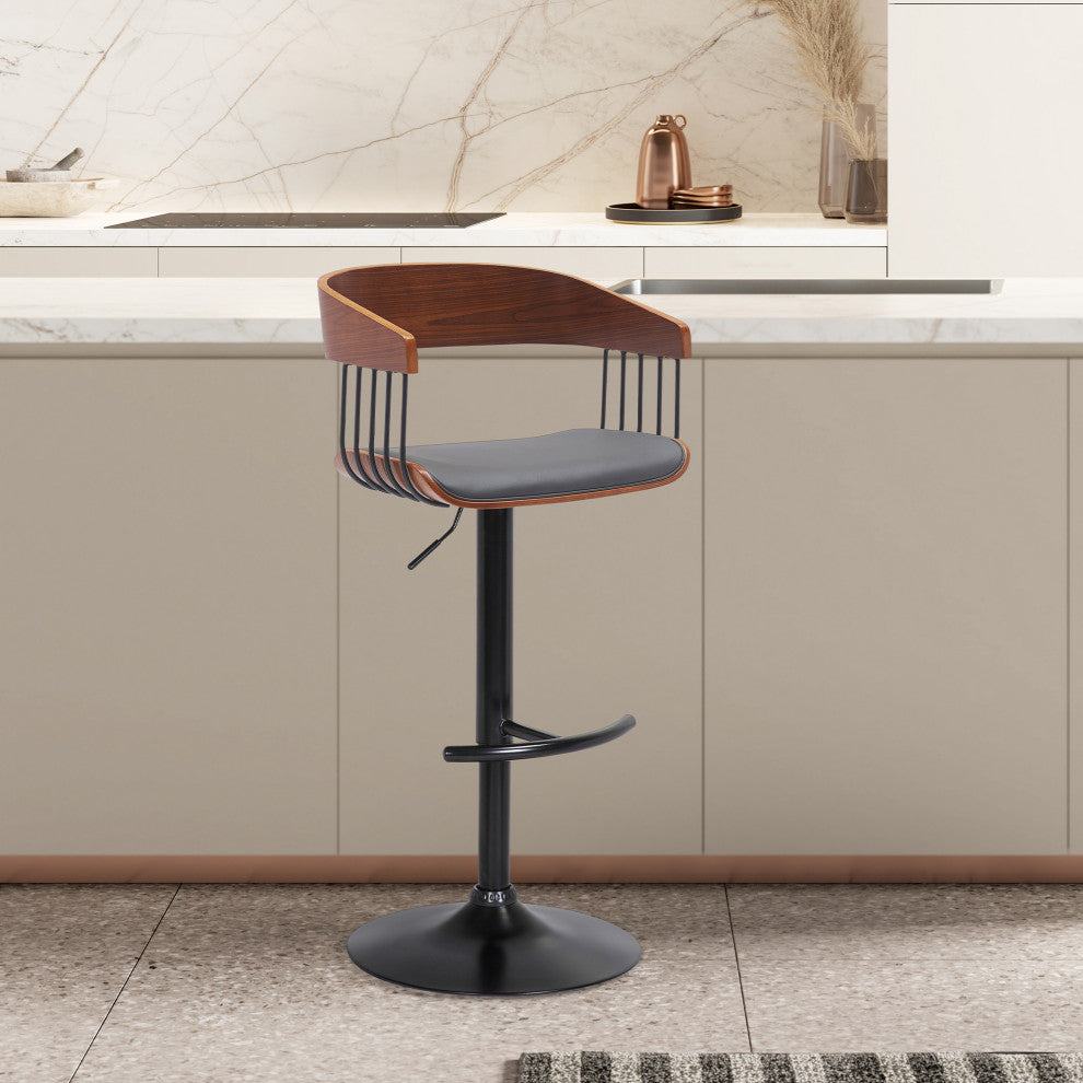 Larisa Adjustable Walnut Wood Bar Stool, Gray Faux Leather With Black Metal