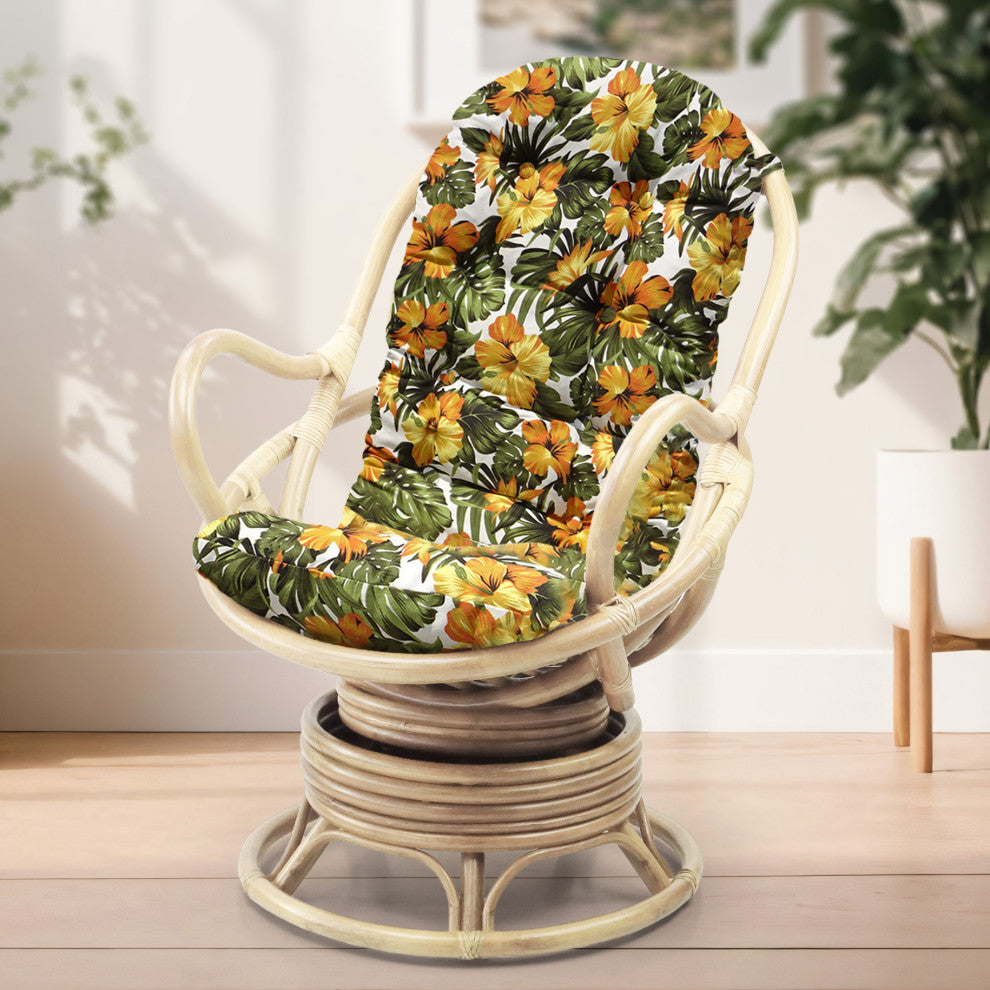 Java Lounge Swivel Rocking Chair Rattan Wicker, White Wash, Floral Cushion