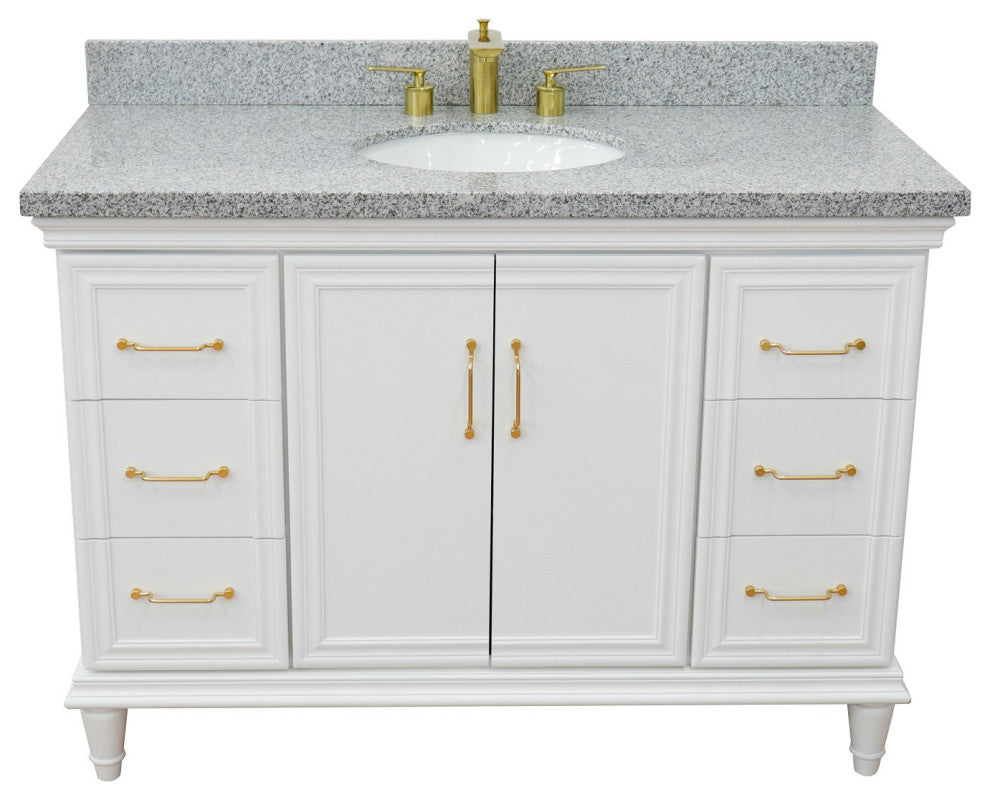 49" Single Sink Vanity, White Finish With Gray Granite and Oval Sink
