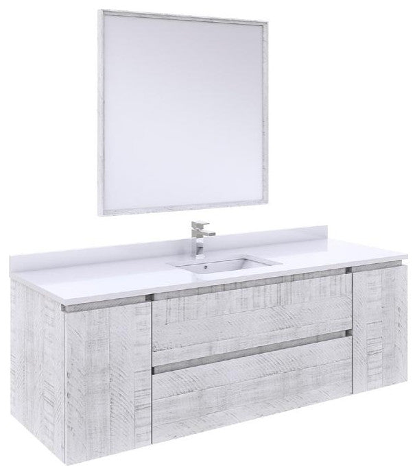 Fresca Formosa Modern 60" Rustic White Wall Hung Single Sink Vanity Set, Faucet