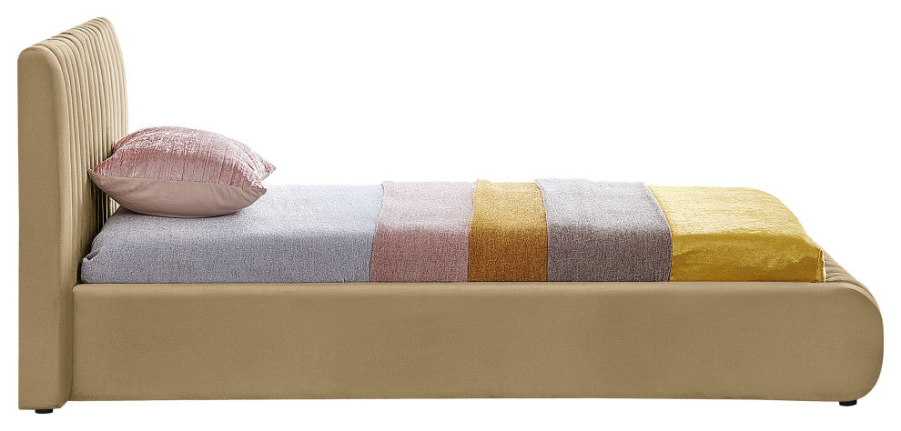 Nico Black Velvet Upholstered Bed, Camel, Twin