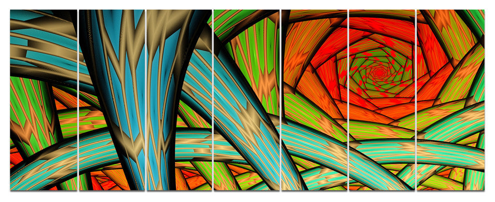 Green Fractal Endless Tunnel, Abstract Canvas Art Print, 83"x32", 7 Panels