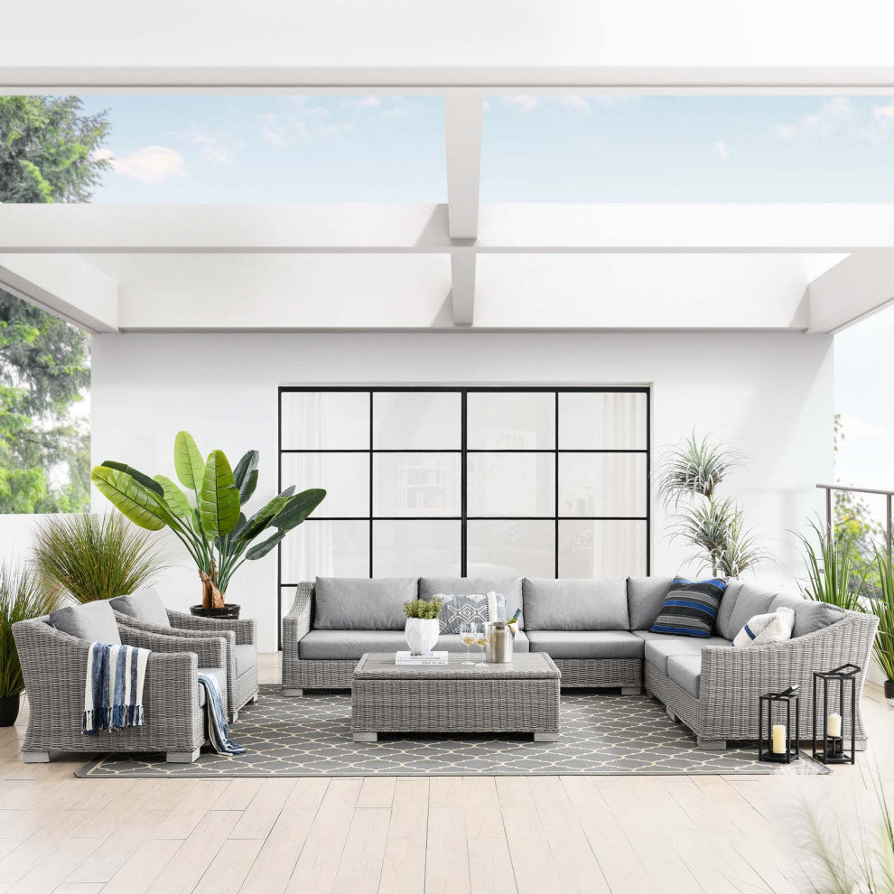 Lounge Sectional Sofa Chair Table Set, Rattan, Wicker, Gray, Outdoor