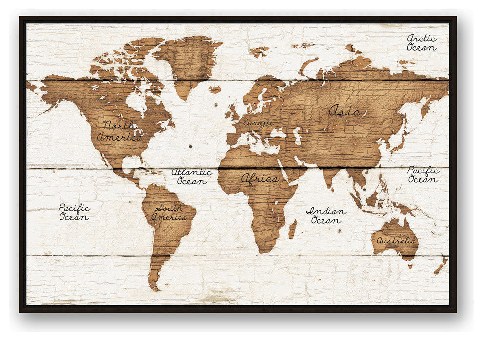 Distressed Wood World Map Walnut Floating Framed Canvas, 32"x48"