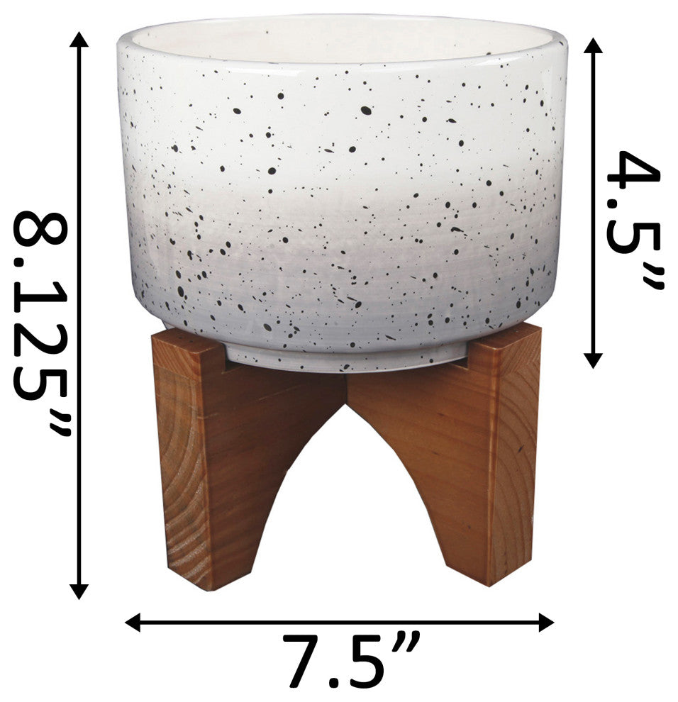 7" Grey Ombre W Specks Ceramic Pot On Wood Stand
