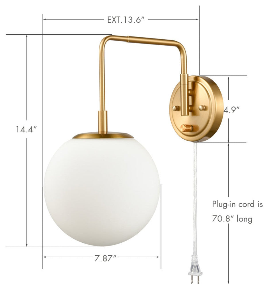 Plug-in Brass Wall Sconce Opal Globe Glass Modern Wall Sconce