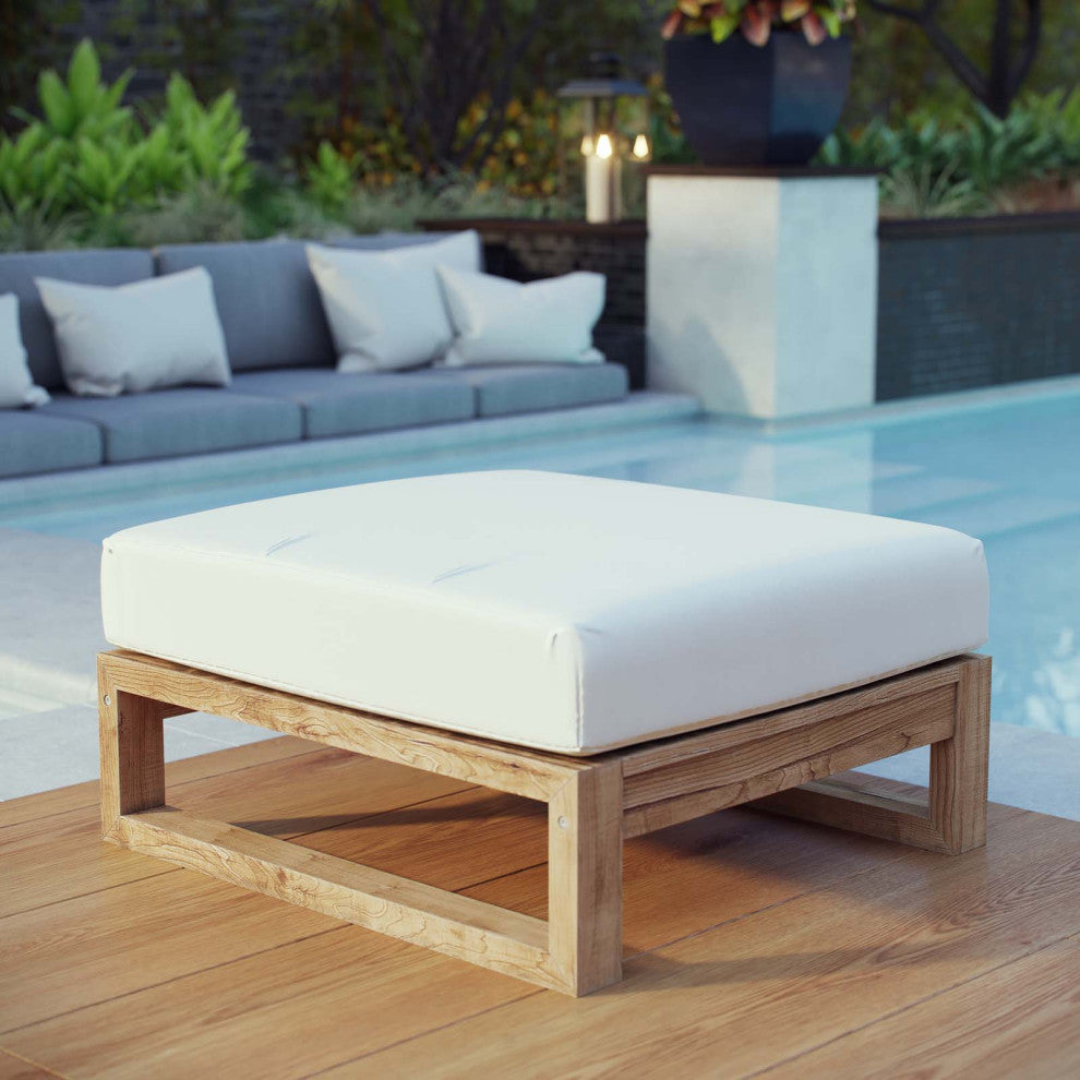 Ottoman Lounge Chair, White Natural, Teak Wood, Modern, Outdoor Hospitality