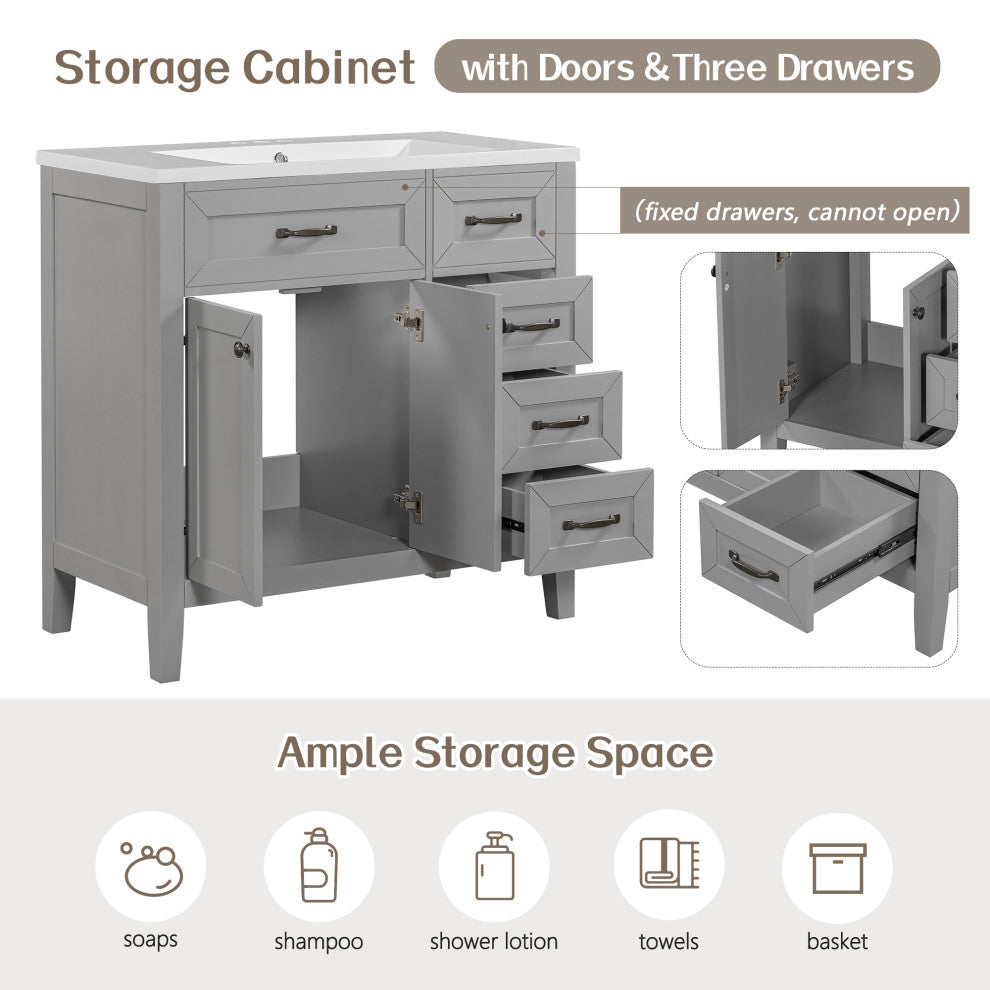 36 in. Freestanding Bathroom Vanity Set with Ceramic Integrated Single Sink, Grey
