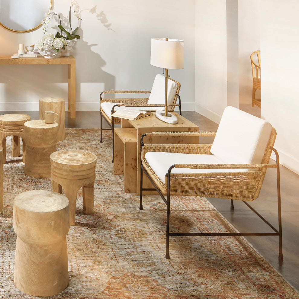 Palermo Lounge Chair, Natural Rattan and Black Steel With Off White Cushions