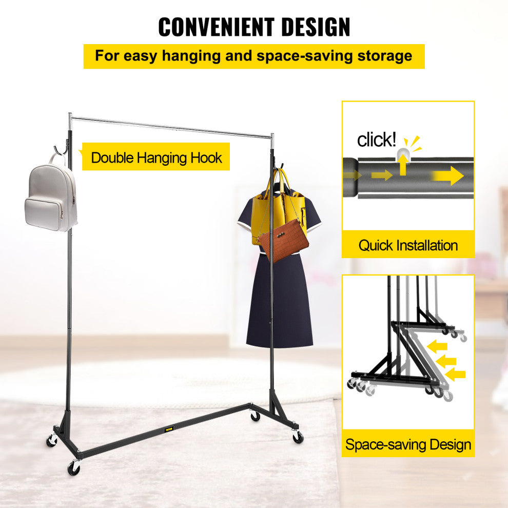 Z Rack Adjustable Height Rolling Garment Rack, Black, 23.62x62.99x70.87 in