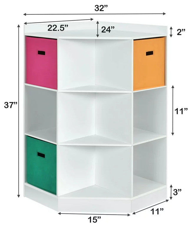 Corner Bookcase, Triangle Center Shelves & 6 Open Cubbies With 3 Baskets, White