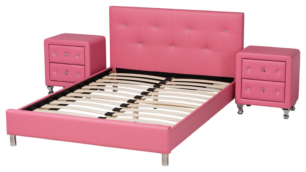 Barbara Glam Pink Faux Leather Upholstered Queen Size 3-Piece Bedroom Set