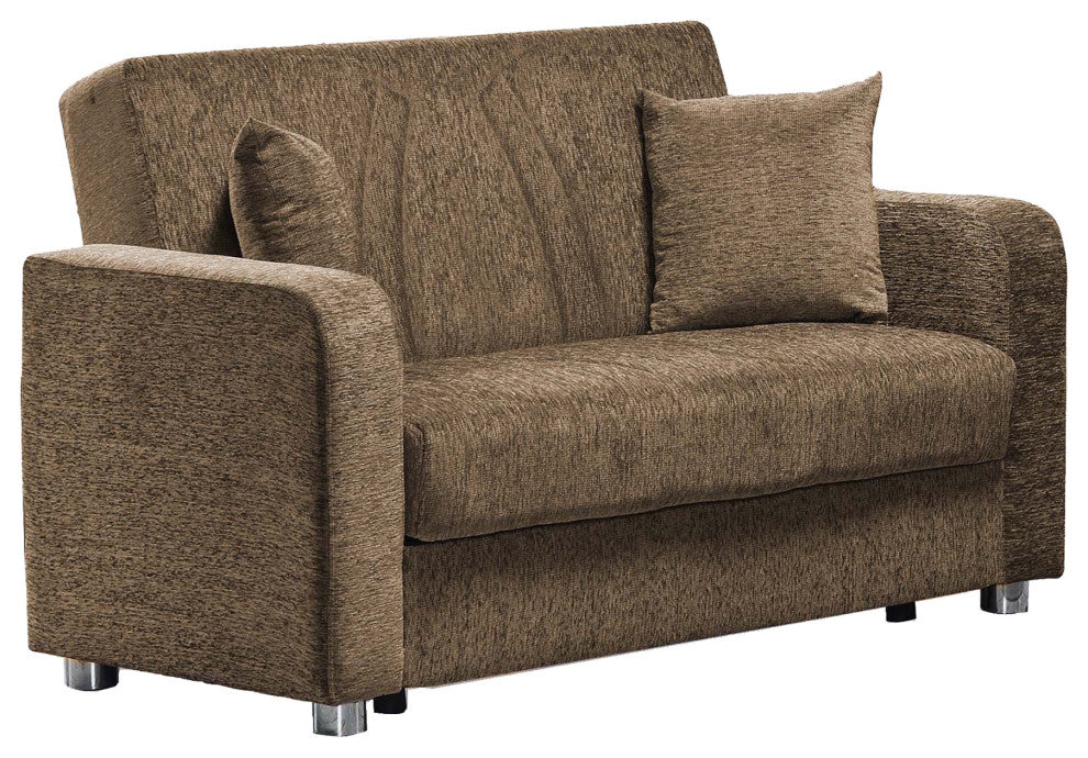 Modern Sleeper Loveseat, Chenille Fabric Seat With Matching Pillows, Beige