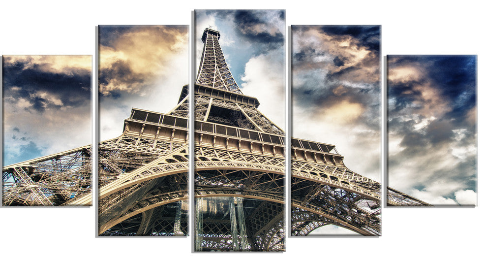 "The Paris Eiffel Tower View From Ground" Cityscape Wall Art, 60"x32", 5-Panels