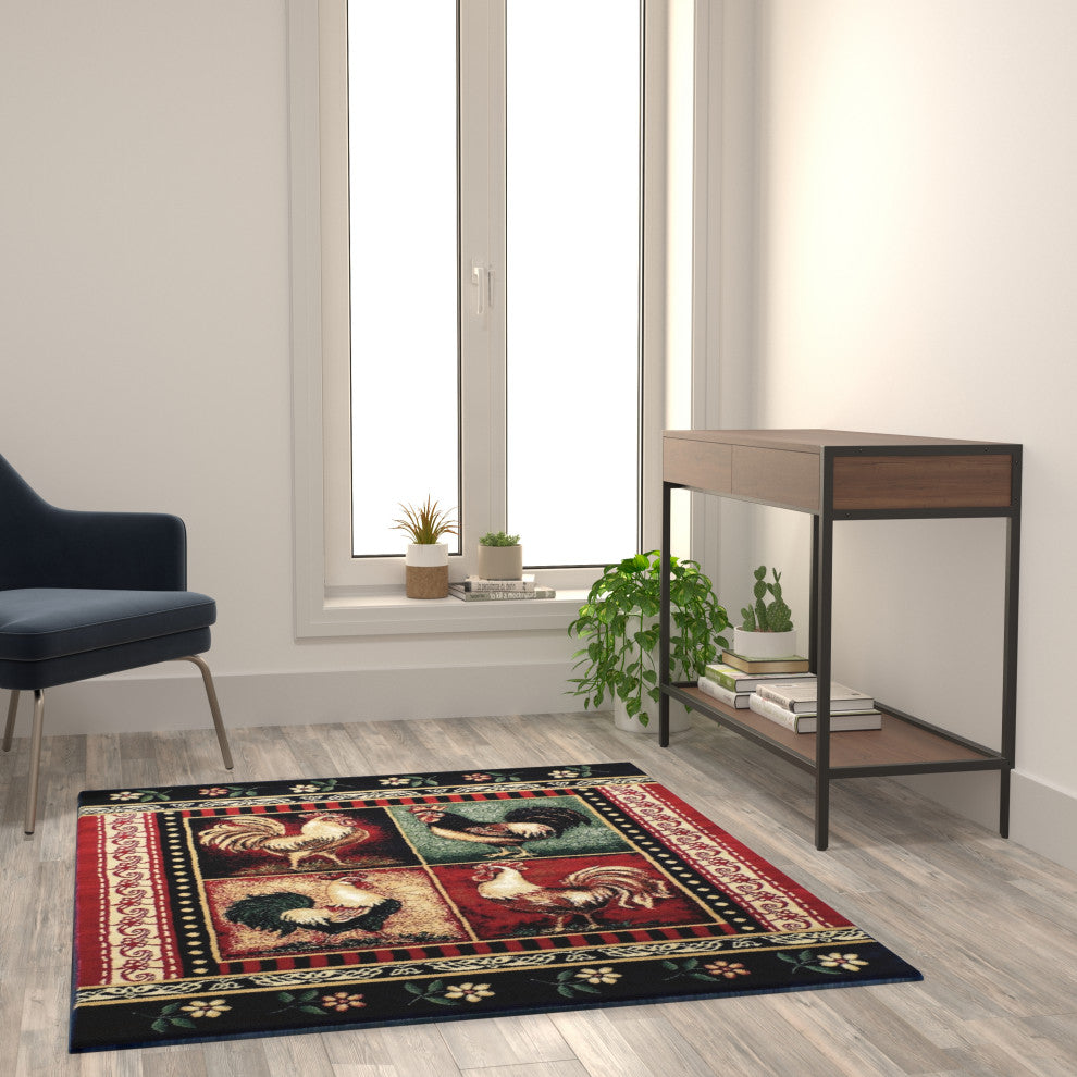 Angie Collection Rectangle 4' x 5' Red Rooster Themed Area Rug