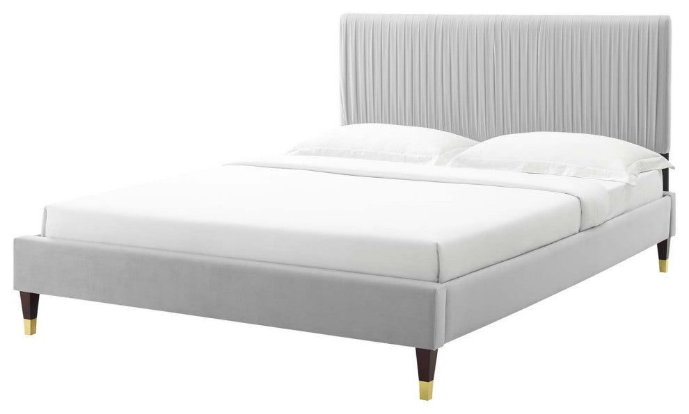 Platform Bed Frame, Twin Size, Velvet, Light Grey Gray, Modern Contemporary