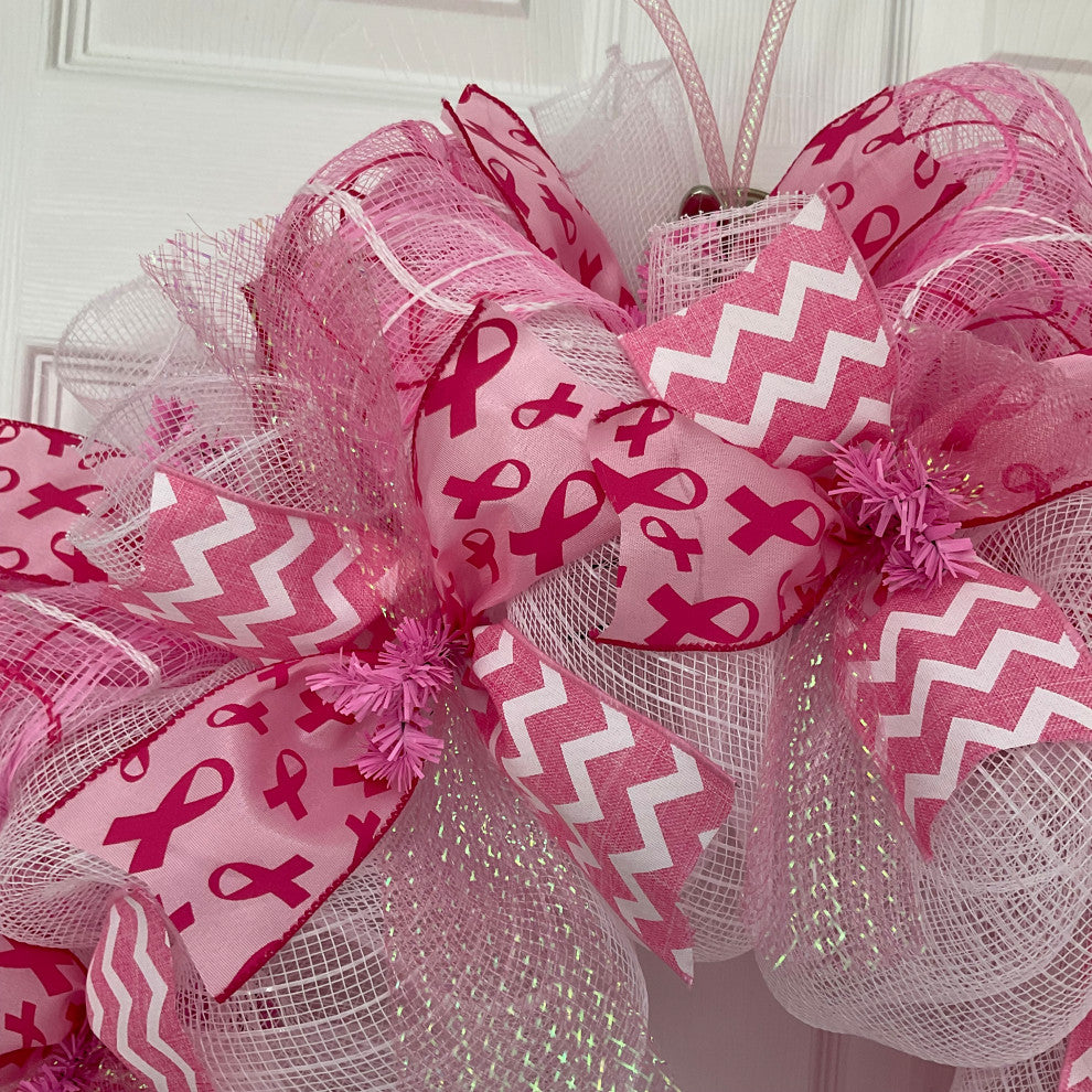 Breast Cancer Awareness Pink Butterfly Wreath Handmade Deco Mesh