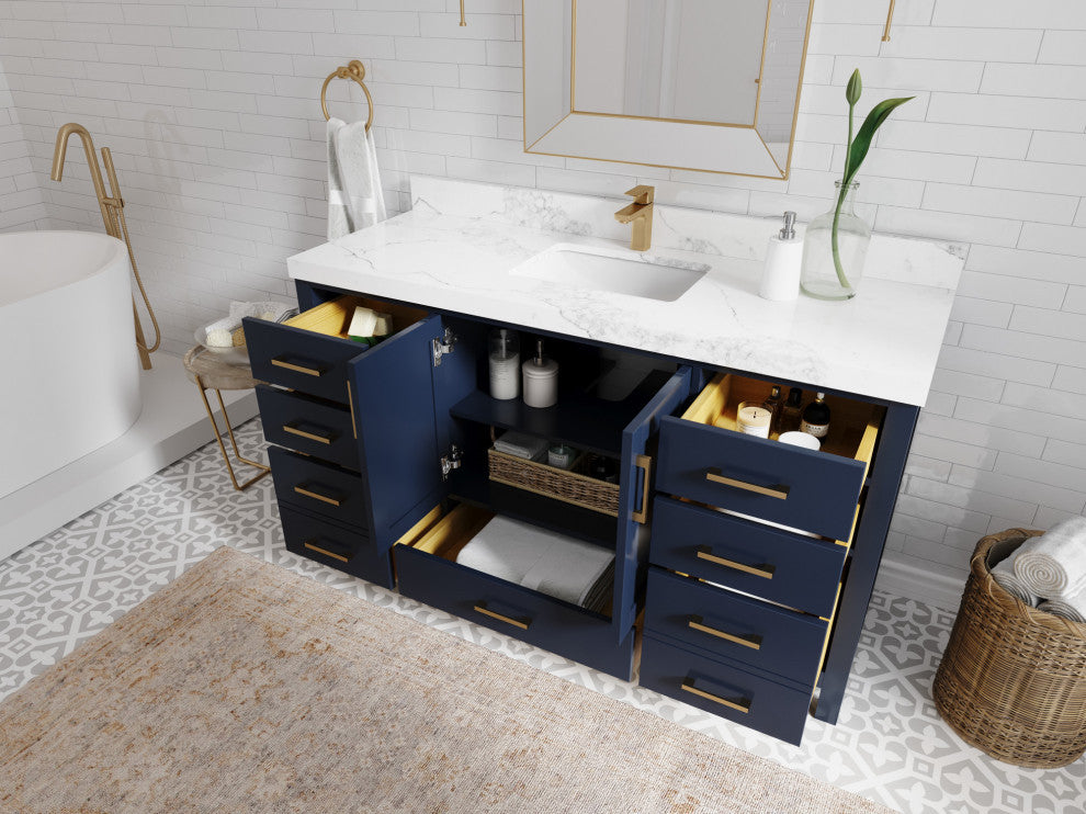 Malibu 60 Single Sink Bathroom Vanity in Navy Blue 2" Carrara Quartz