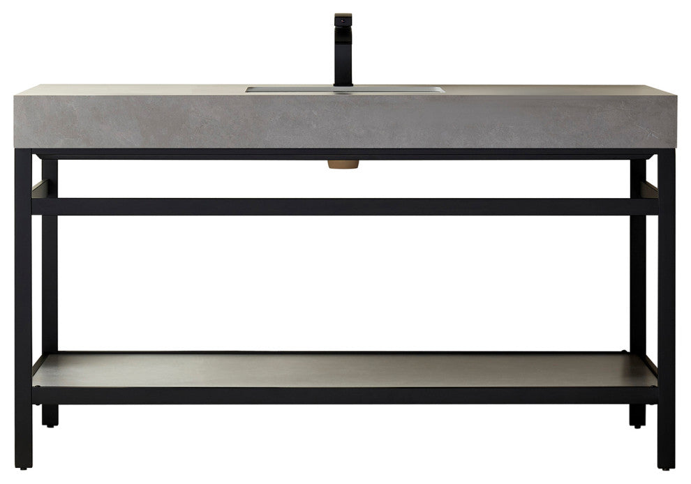 Funes Bath Vanity without Mirror, Matte Black Hardware, Double Sink, Grey Stone Top