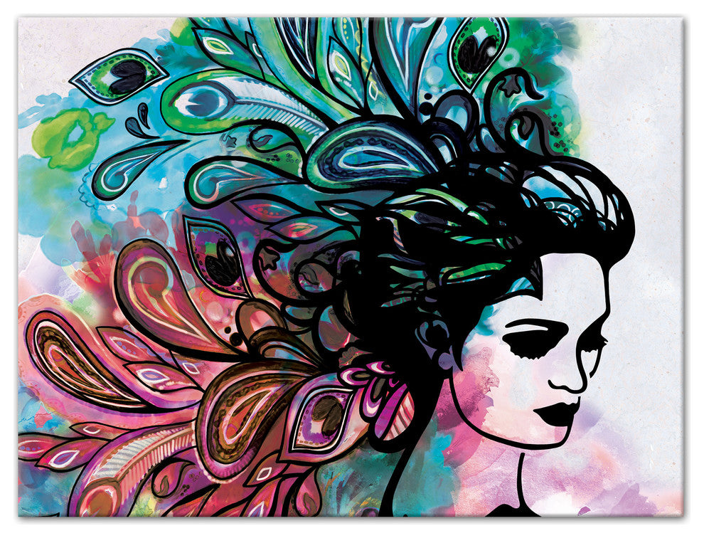 Woman With Watercolor Peacock Feather Hair 30x40 Canvas Wall Art
