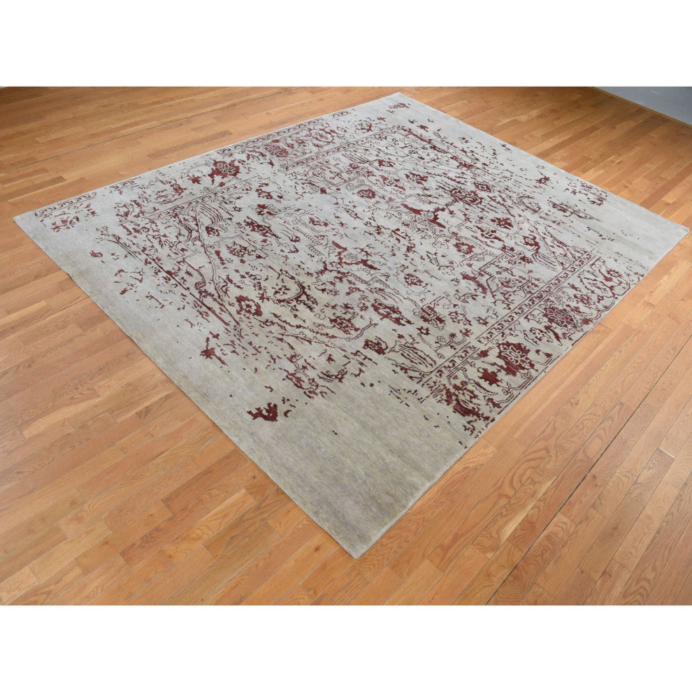 Beige Broken Heriz Design Wool and Silk Hand Knotted Oriental Rug 9'x11'9"