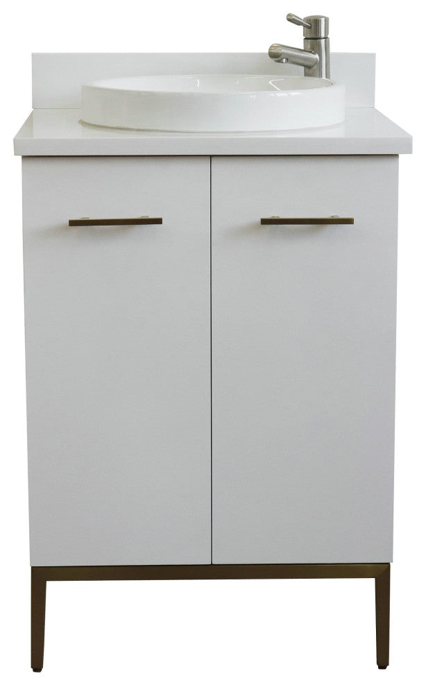25" Single Sink Vanity, White Finish With Engineered Stone Top And Round Sink