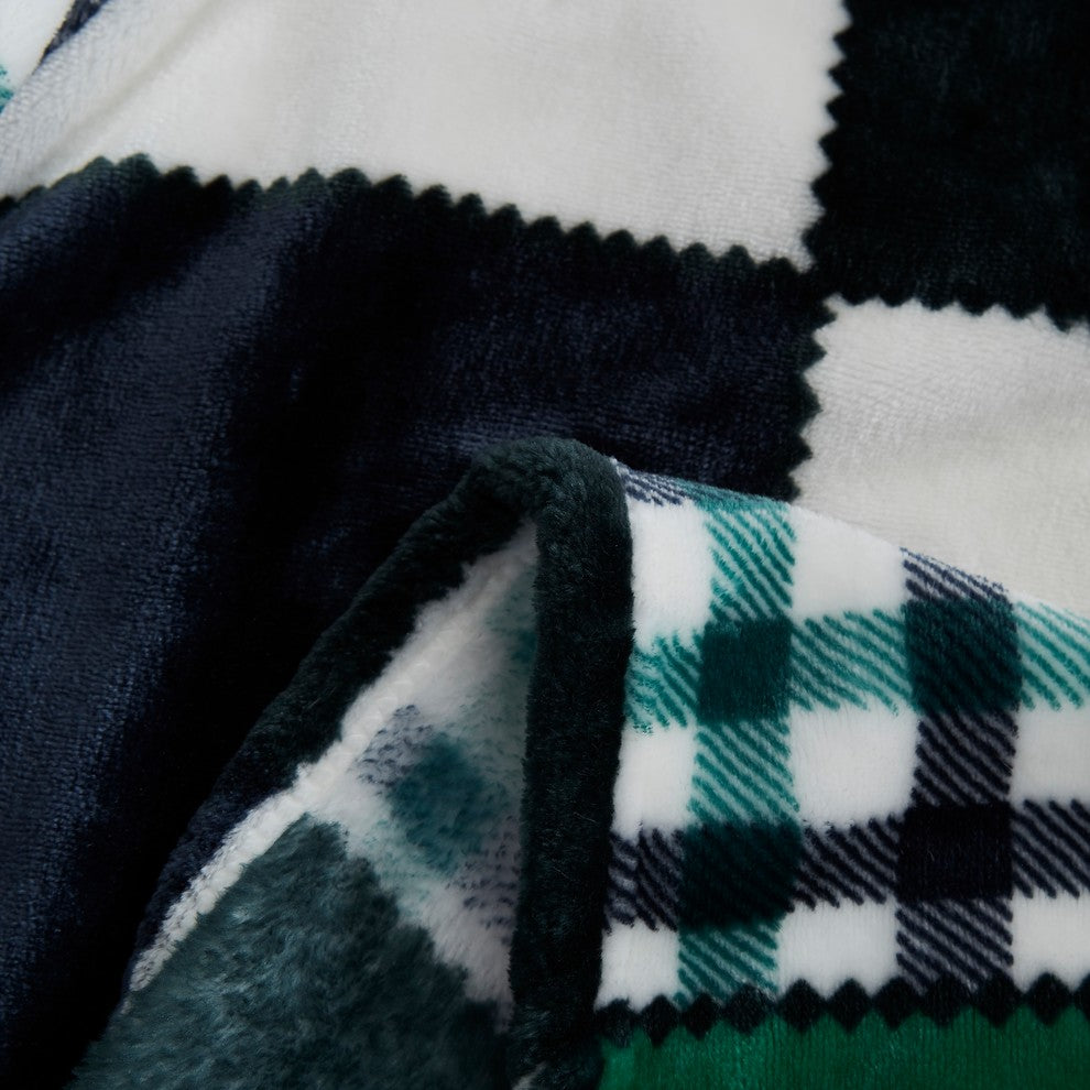 Tache Forest Green Super Soft Cozy Fleece Tartan Patchwork Throw Blanket, Full/Q