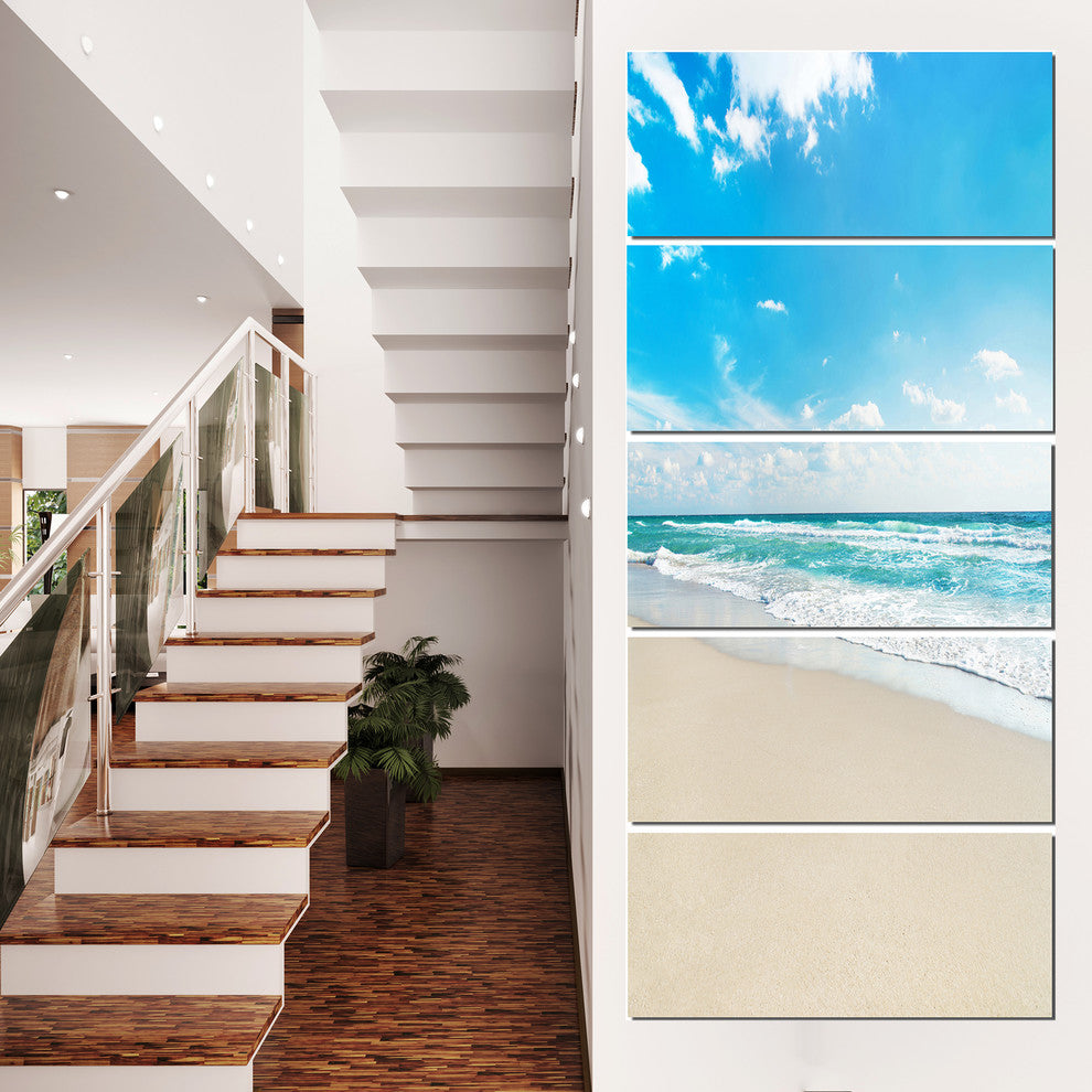 "Sea Beach Against Wave Foaming" Seascape Wall Art, 5 Panels, 28"x60"