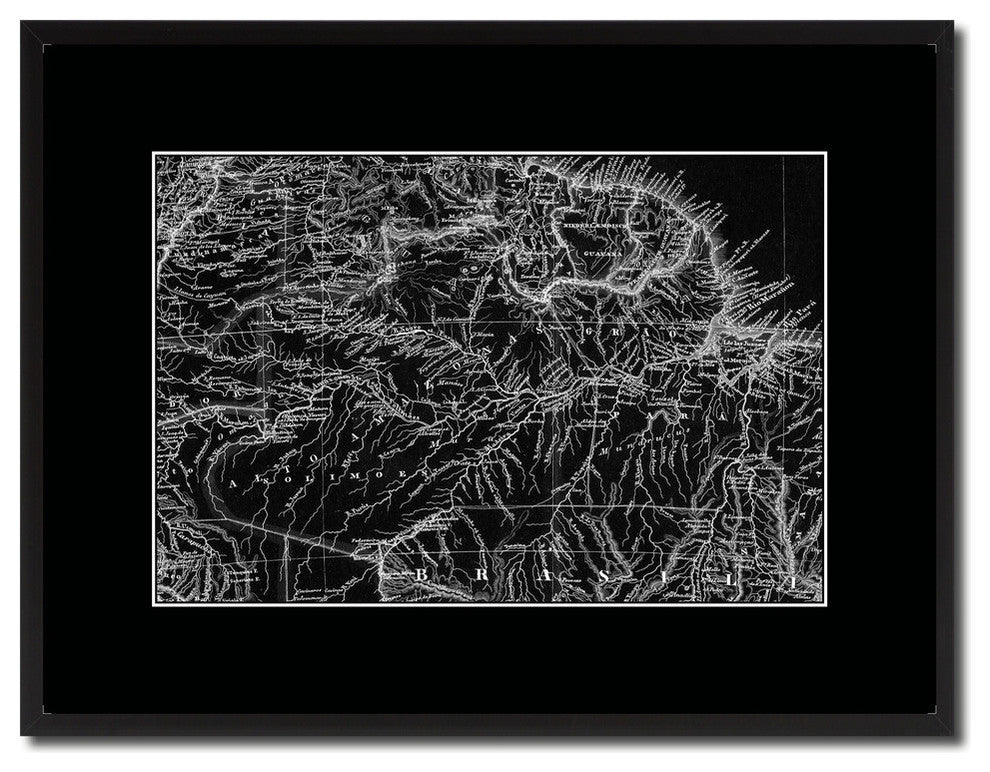 Amazon River Basin Old Monochrome Map Print On Canvas With Frame, 16" X 21"