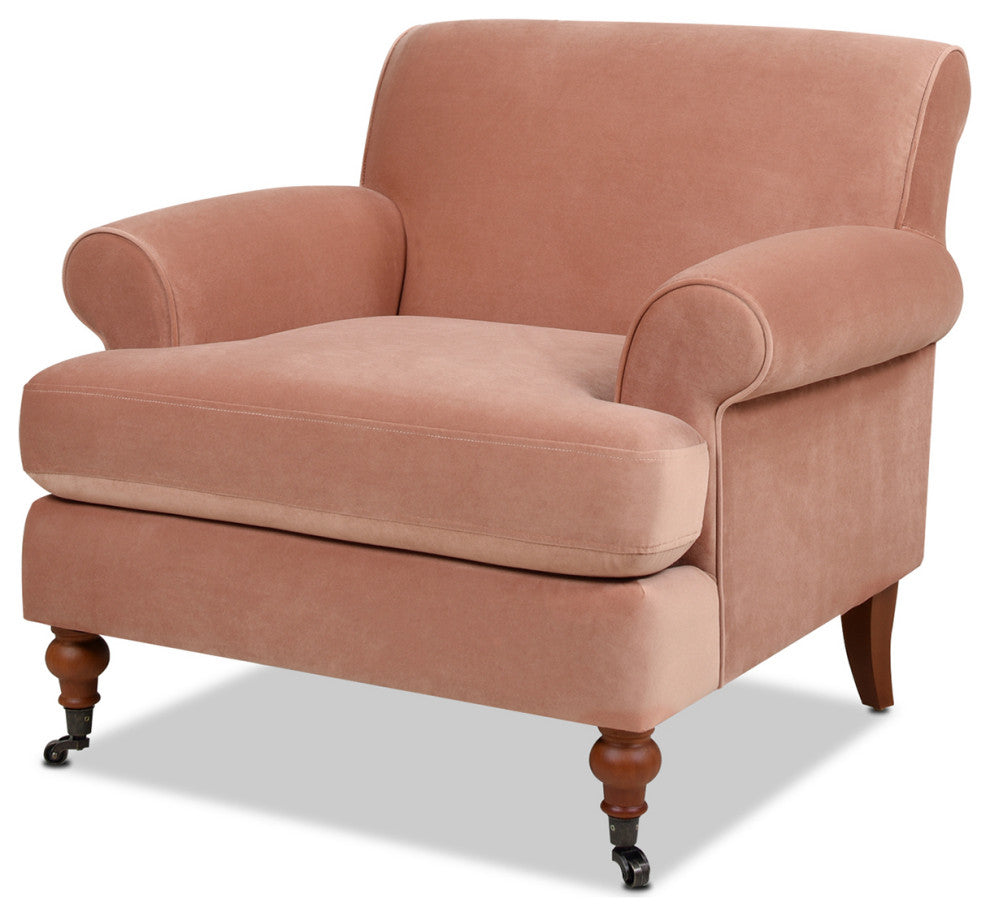Alana 38" Lawson Accent Arm Chair, Metal Casters, Peach Orange Velvet