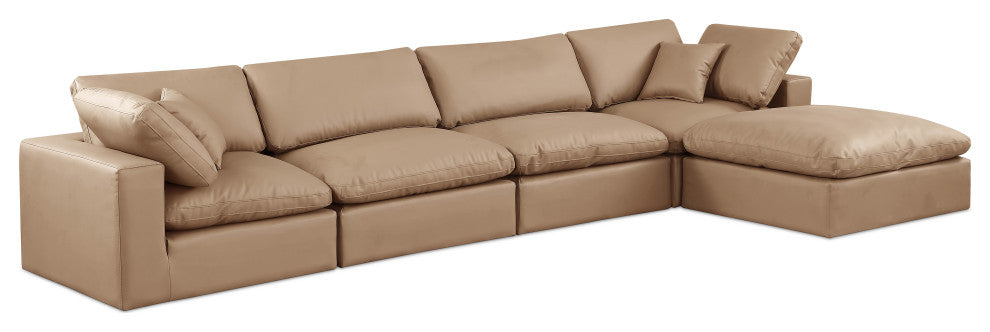 Comfy Upholstered L-Shaped Modular Sectional, Tan, 5-Piece: 2 Armless Chair, 2 Corner Chair, 1 Ottoman, Vegan Leather
