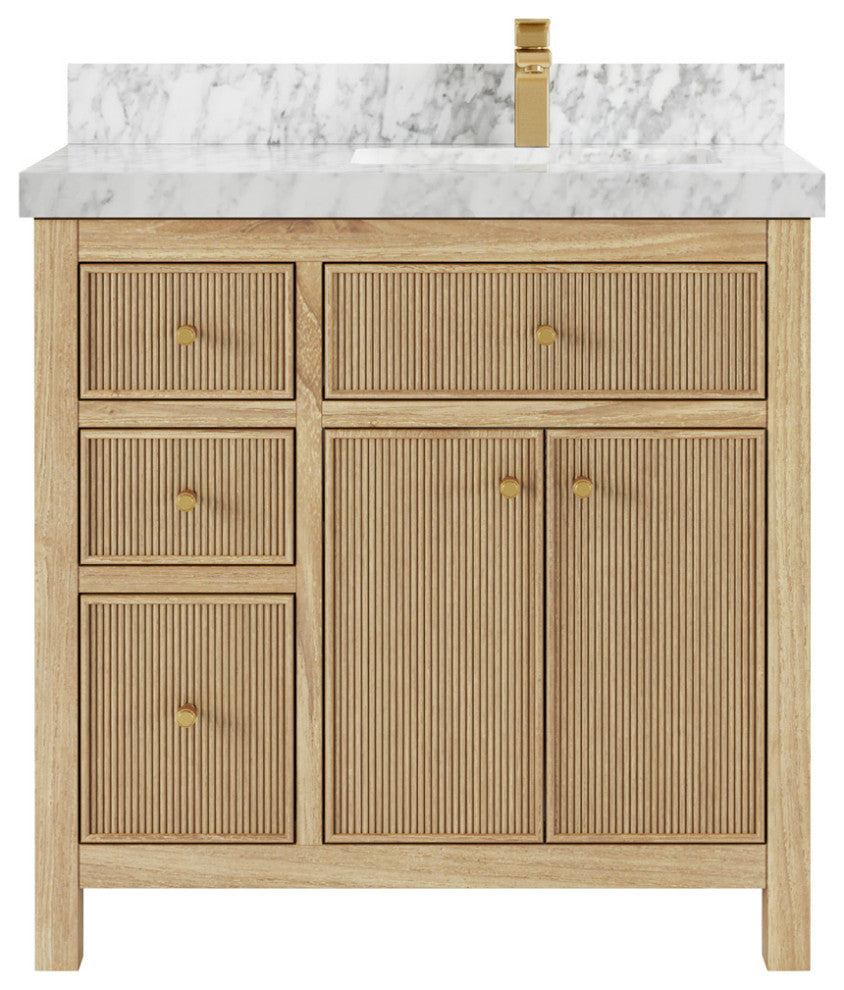 Sonoma 36 Right Offset Bath Vanity in Light Natural Teak with 2" Carrara Marble