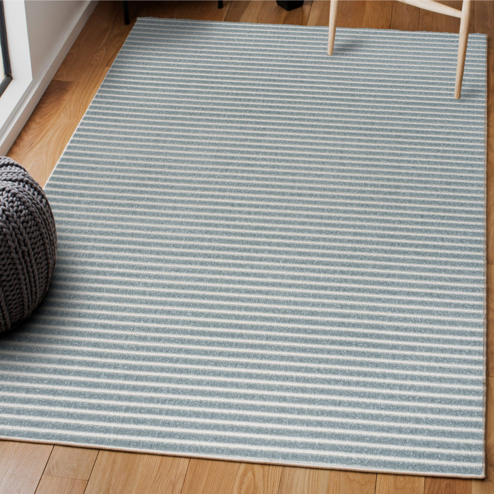 Aarhus High-Low Scandi Striped Blue/Ivory 8 ft x 10 ft Indoor/Outdoor Area Rug