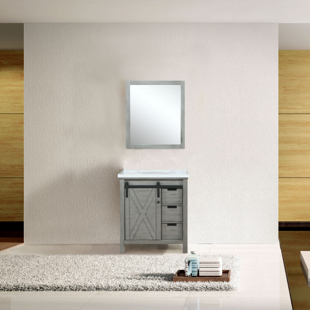 Marsyas 30" Ash Gray Single Vanity Cabinet Quartz Top Sink, 28" Wall Mirror