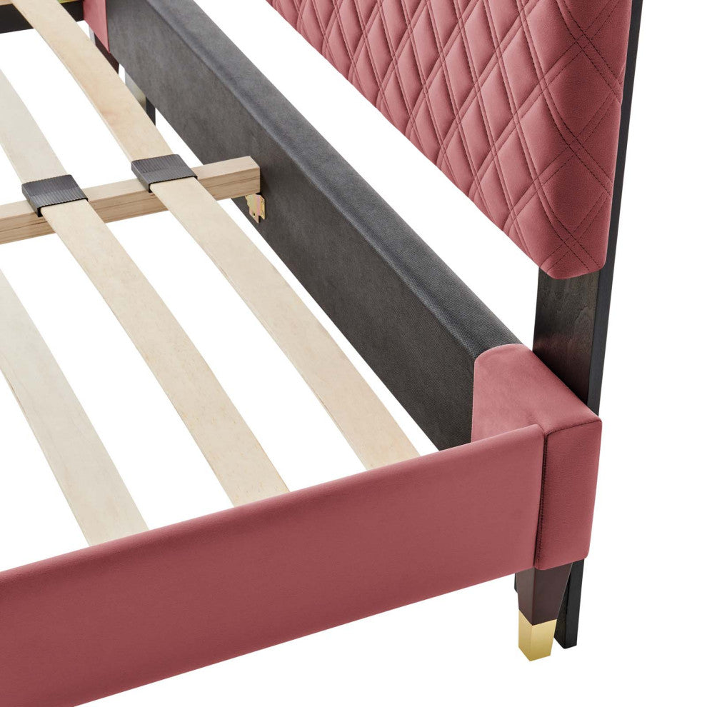 Platform Bed Frame, Queen Size, Velvet, Pink, Modern Contemporary, Bedroom