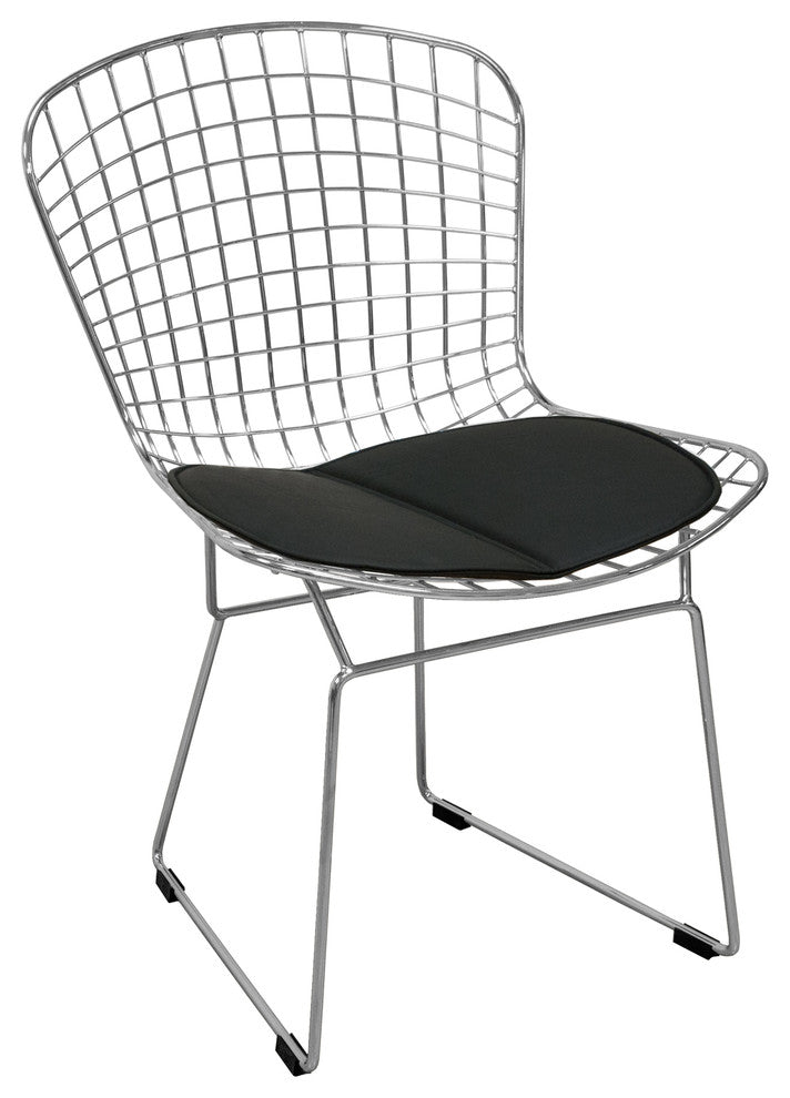 Mid Century Modern Chrome Wire Dining Side Chair, Chrome Frame, Black Pad