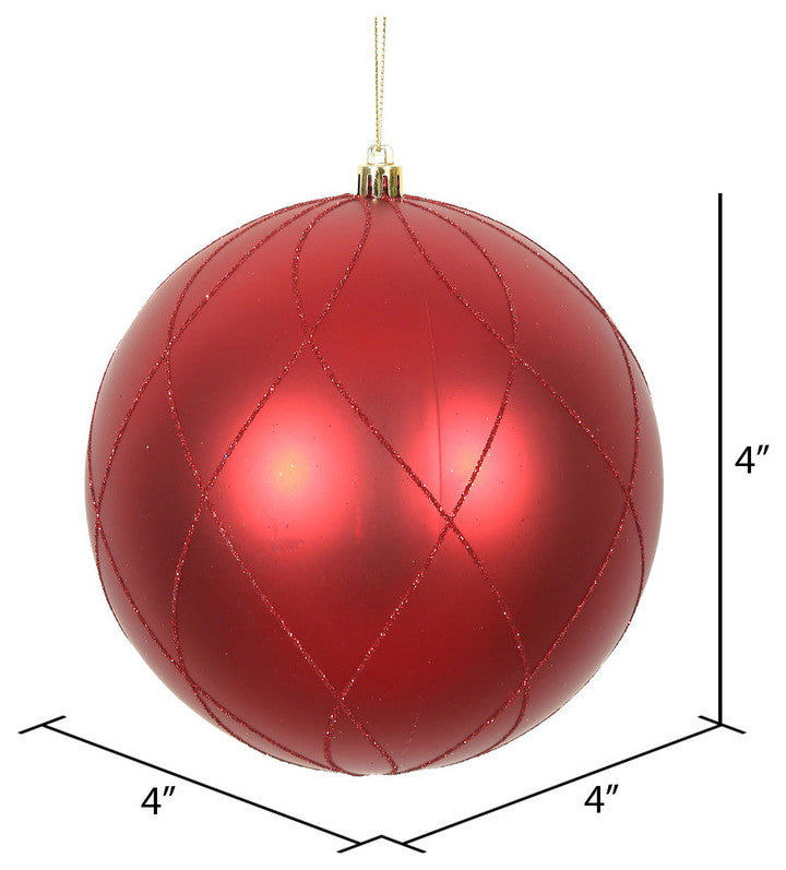 Vickerman N170603D 4" Red Matte And Glitter Swirl Ball Ornament, 4 Per Box