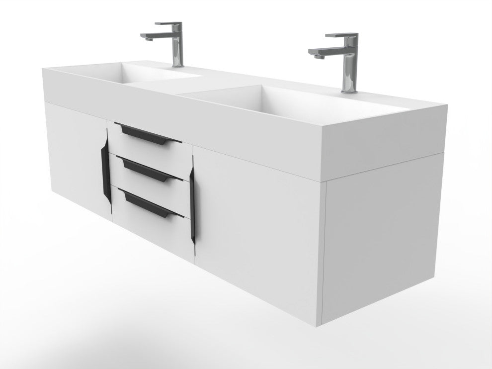 CastelloUSA Amazon 60" Wall Mounted Bathroom Vanity Set, White, White Top, Black Handles
