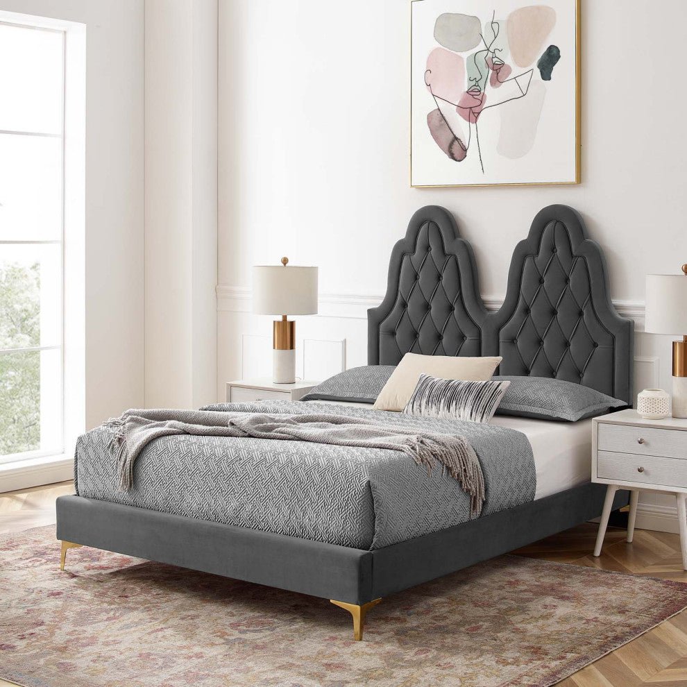 Tufted Platform Bed Frame, King Size, Velvet, Gray, Modern Contemporary