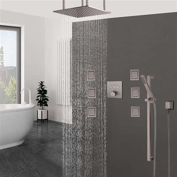 FontanaShowers Brushed Nickel Ceiling Mount Rainfall Shower Set, Thermostat