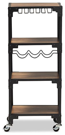 Industrial Rustic Walnut Finished Wood and Black Metal 4-Tier Mobile Wine Cart
