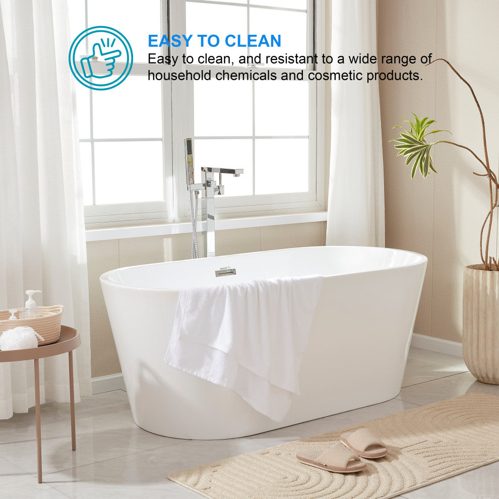 Freestanding Acrylic Bathtub, White/Polished Chrome, 54"
