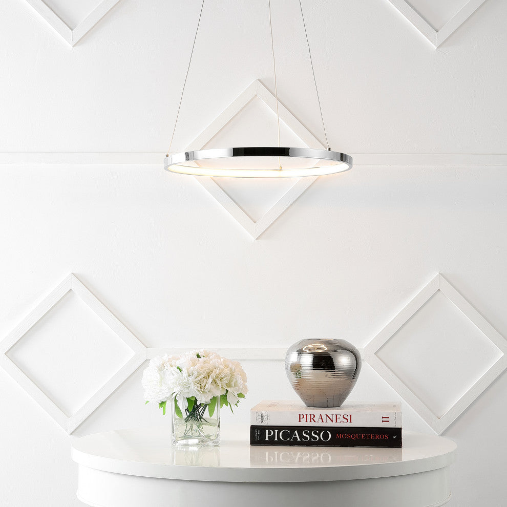 Circulo Metal Round Modern LED Pendant, Chrome, Width: 15.75"