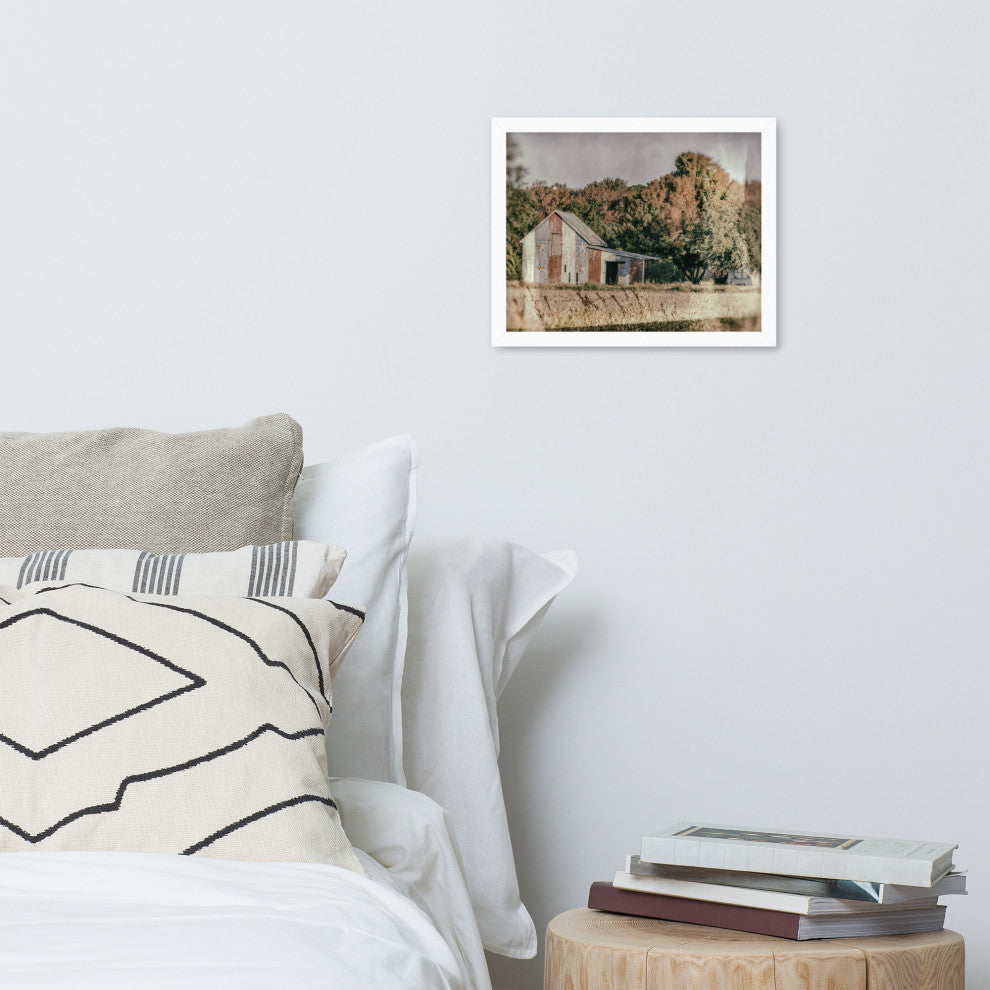 Patriotic Weathered Barn in Field Glass Plate Framed Photo Paper Wall Art Prints, White, 11" X 14"