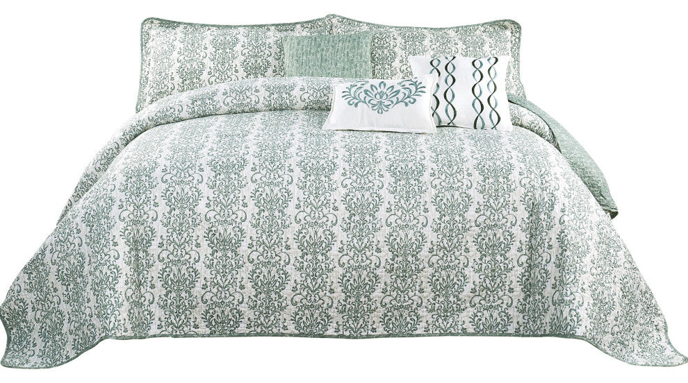 Mayfair 6 Piece Quilted Printed Bed Spread, Mint Green/Lime/Mint, Queen