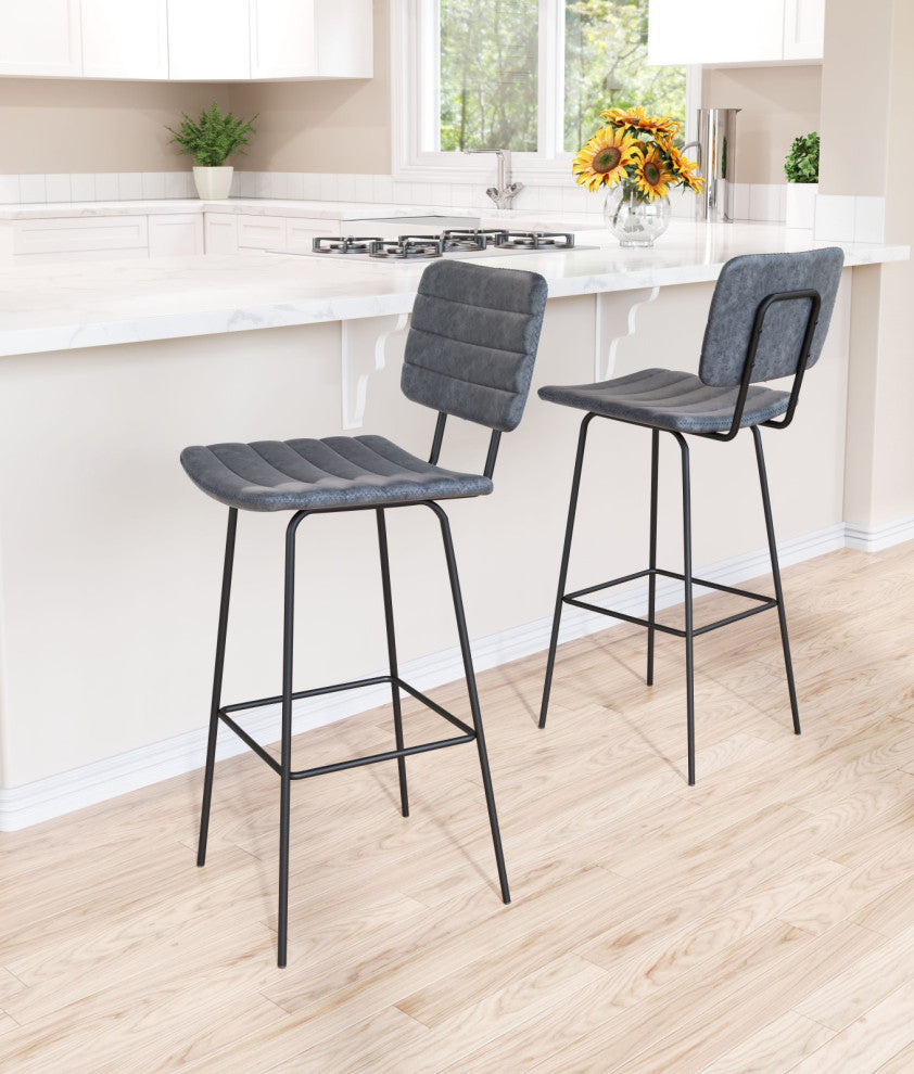 Bar Stool Chair Barstool, Set of 2, Faux Vinyl Leather, Steel, Vintage Black