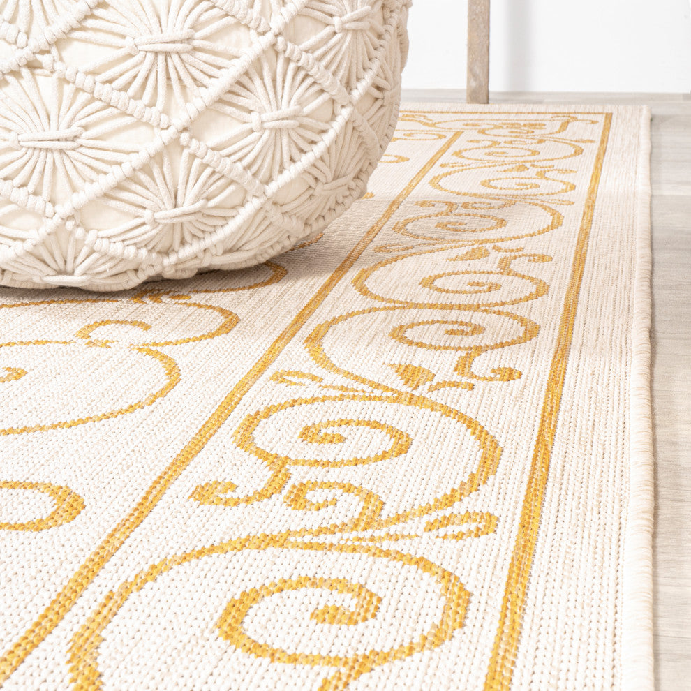 Charleston Filigree Textured Weave Indoor/Outdoor, Cream/Yellow, 2 X 8