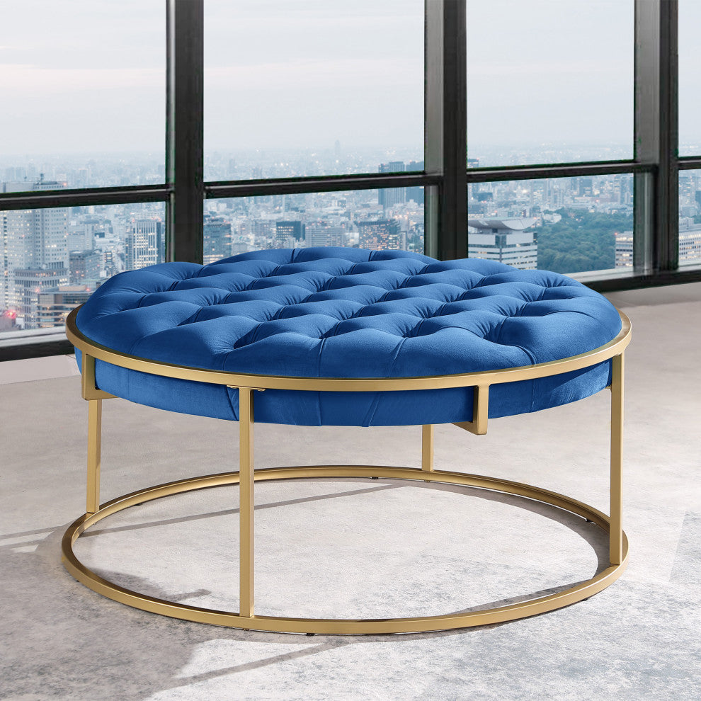 Aurora Contemporary Velvet Tufted Round Ottoman with Gold Base, Navy Blue