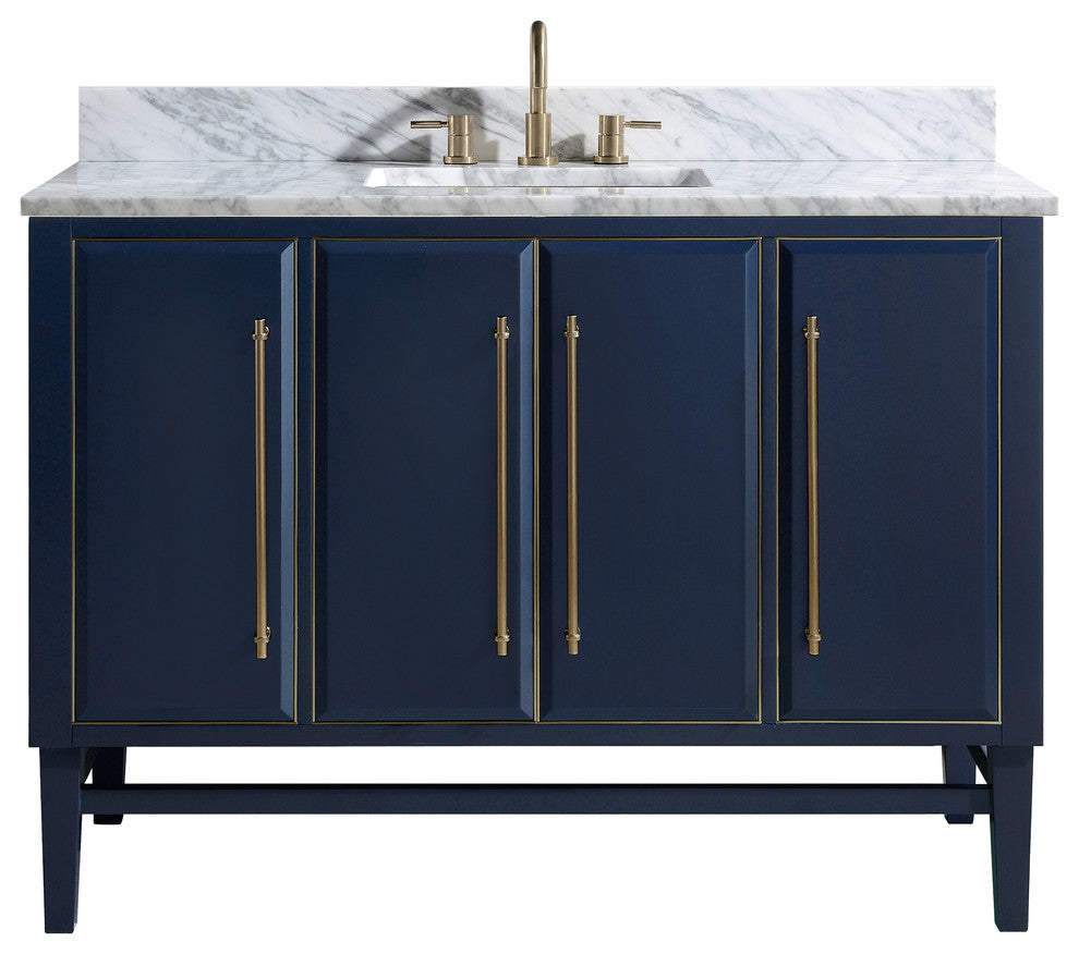Mason 49" Vanity Combo, Navy Blue, Matte Gold Hardware / Natural 1" Carrara White Marble Countertop and Backsplash