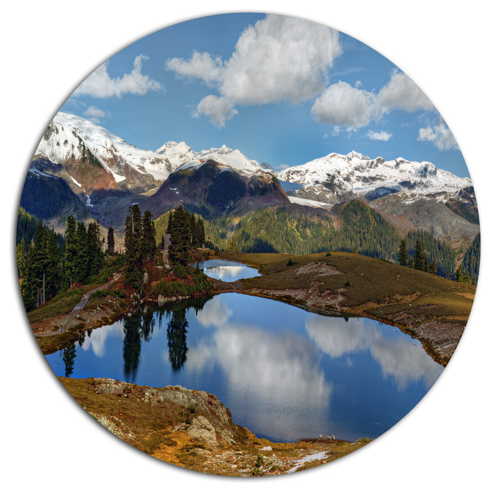 Lake With Pine Trees Reflecting Sky, Landscape Disc Metal Artwork, 11"